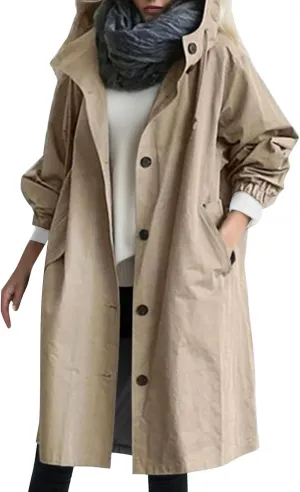 Women's Double Breasted Long Trench Coat Windproof Classic Lapel Slim Overcoat with Belt