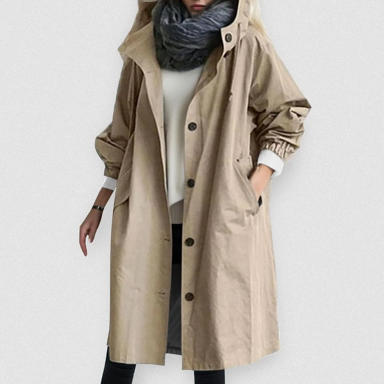 Women's Double Breasted Long Trench Coat Windproof Classic Lapel Slim Overcoat with Belt