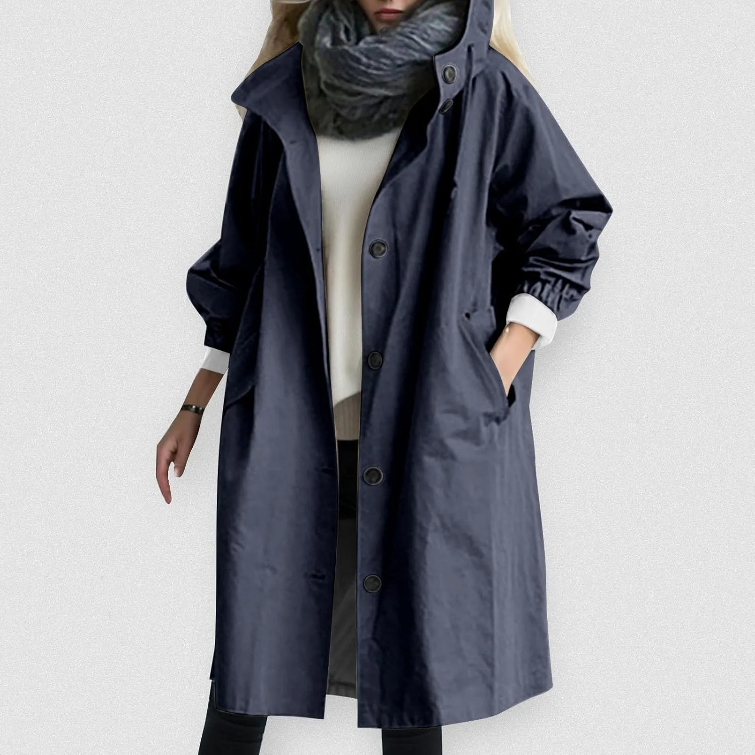 Women's Double Breasted Long Trench Coat Windproof Classic Lapel Slim Overcoat with Belt