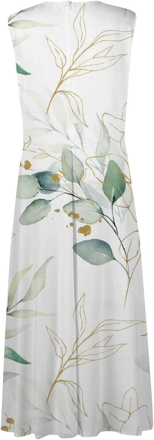 Womens Dresses Floral Print Sleeveless Boho Dress Wrap V Neck Flowy Ruched Beach Dresses Spring Maxi Dress