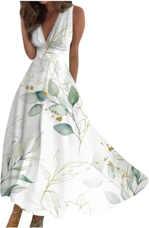 Womens Dresses Floral Print Sleeveless Boho Dress Wrap V Neck Flowy Ruched Beach Dresses Spring Maxi Dress
