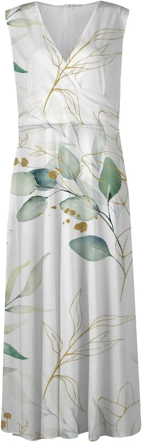 Womens Dresses Floral Print Sleeveless Boho Dress Wrap V Neck Flowy Ruched Beach Dresses Spring Maxi Dress