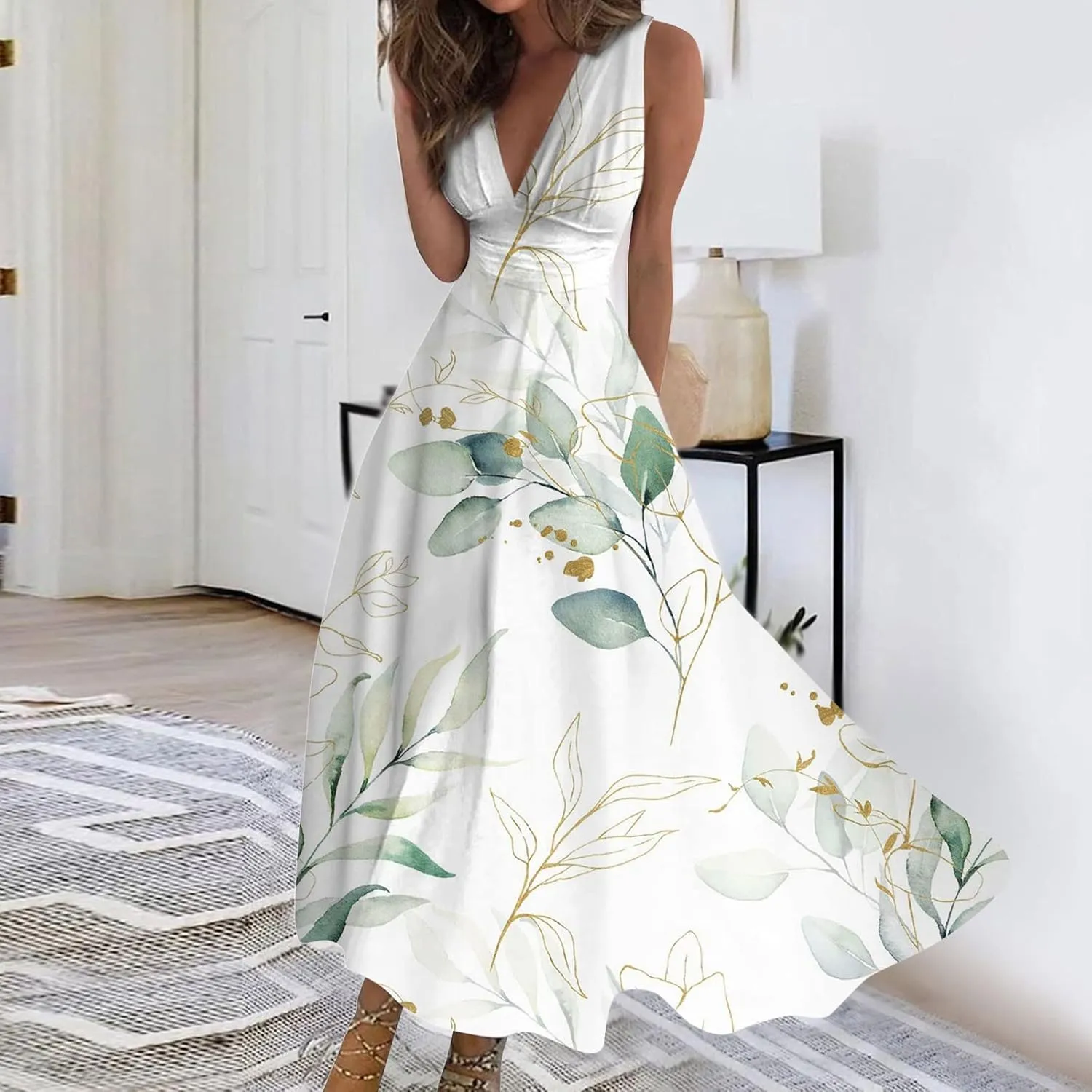 Womens Dresses Floral Print Sleeveless Boho Dress Wrap V Neck Flowy Ruched Beach Dresses Spring Maxi Dress