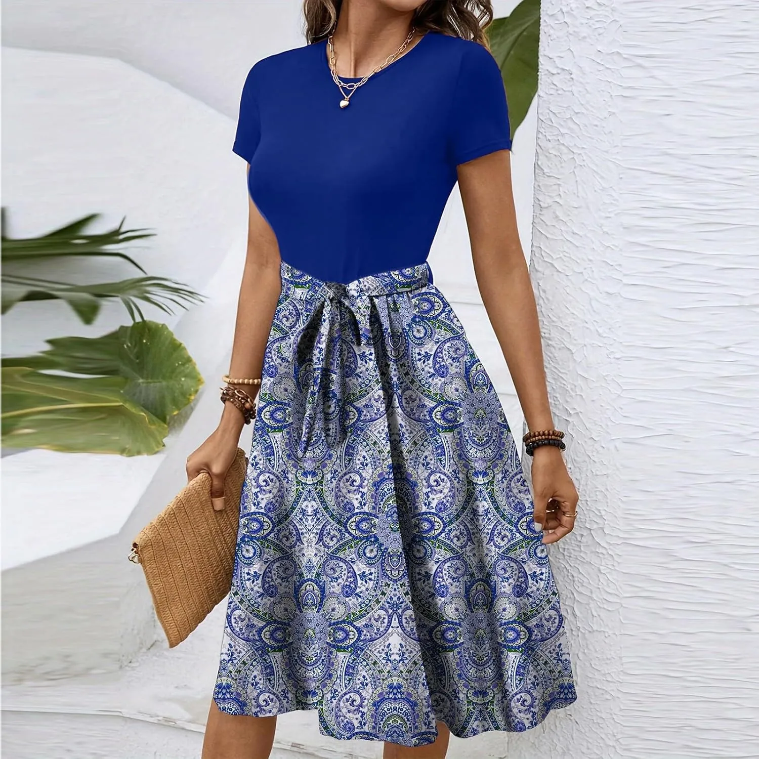 Women's Empire Waist Floral Dresses Short Sleeve Modest Midi Length Dress Summer Color Blocked Belt Dress