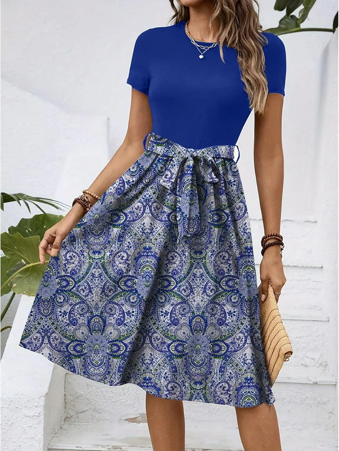 Women's Empire Waist Floral Dresses Short Sleeve Modest Midi Length Dress Summer Color Blocked Belt Dress