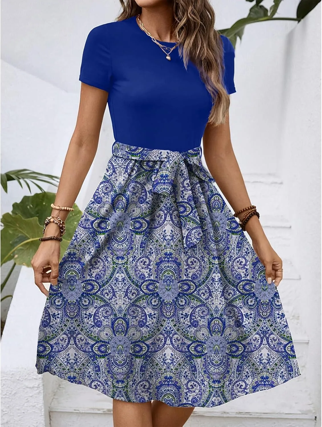 Women's Empire Waist Floral Dresses Short Sleeve Modest Midi Length Dress Summer Color Blocked Belt Dress