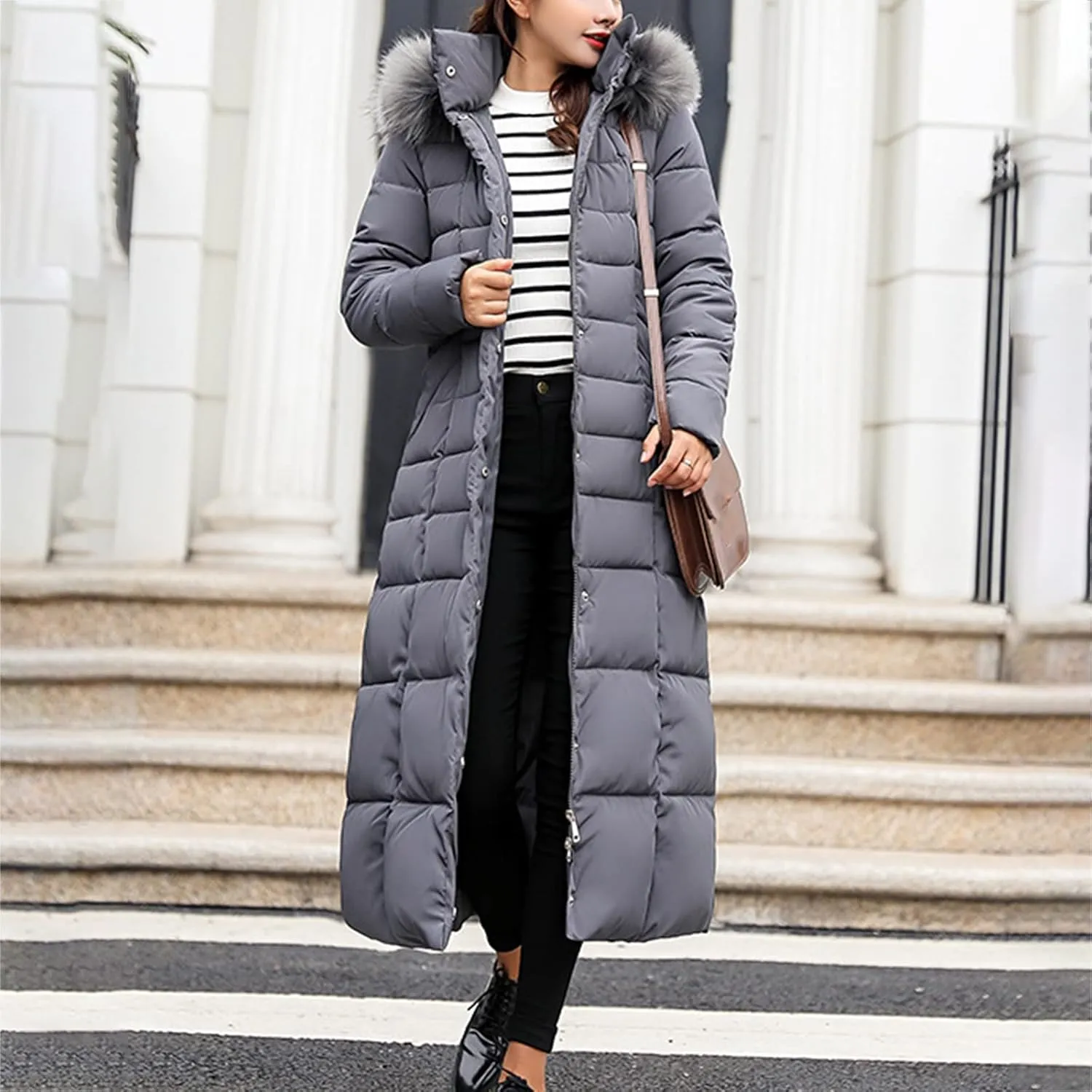 Womens Fashion Elegant Puffer Jacket Oversized Hooded Down Coat with Belt Casual Long Sleeve Outing Quilted Outwear