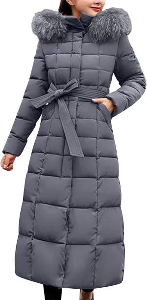 Womens Fashion Elegant Puffer Jacket Oversized Hooded Down Coat with Belt Casual Long Sleeve Outing Quilted Outwear
