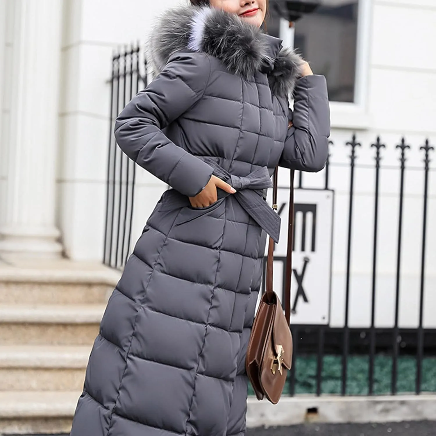 Womens Fashion Elegant Puffer Jacket Oversized Hooded Down Coat with Belt Casual Long Sleeve Outing Quilted Outwear