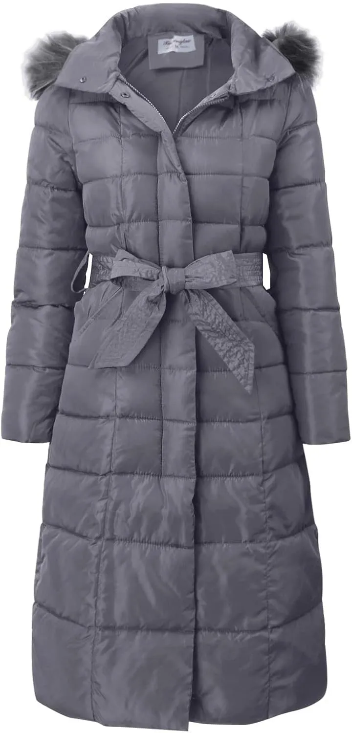 Womens Fashion Elegant Puffer Jacket Oversized Hooded Down Coat with Belt Casual Long Sleeve Outing Quilted Outwear