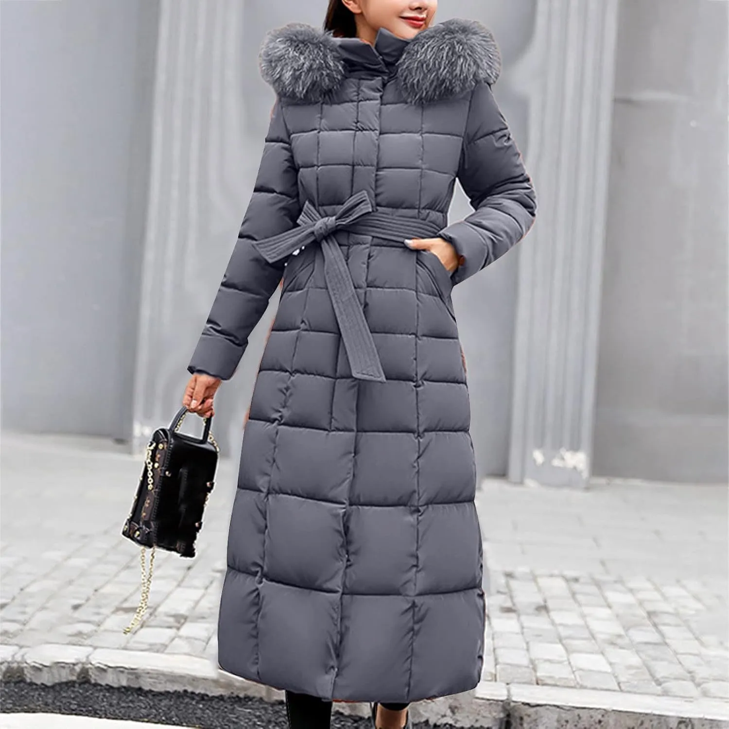 Womens Fashion Elegant Puffer Jacket Oversized Hooded Down Coat with Belt Casual Long Sleeve Outing Quilted Outwear