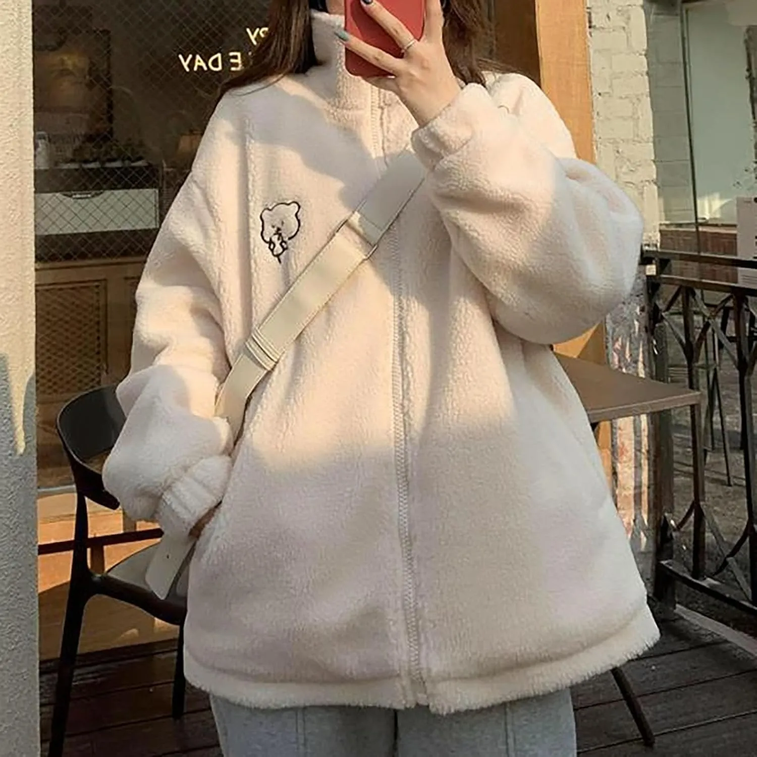 Women's Fleece Jacket Style Towel Embroidery Thickened Cotton Shirt Spliced Lamb Hooded Coat Zip Jacket, M-2XL