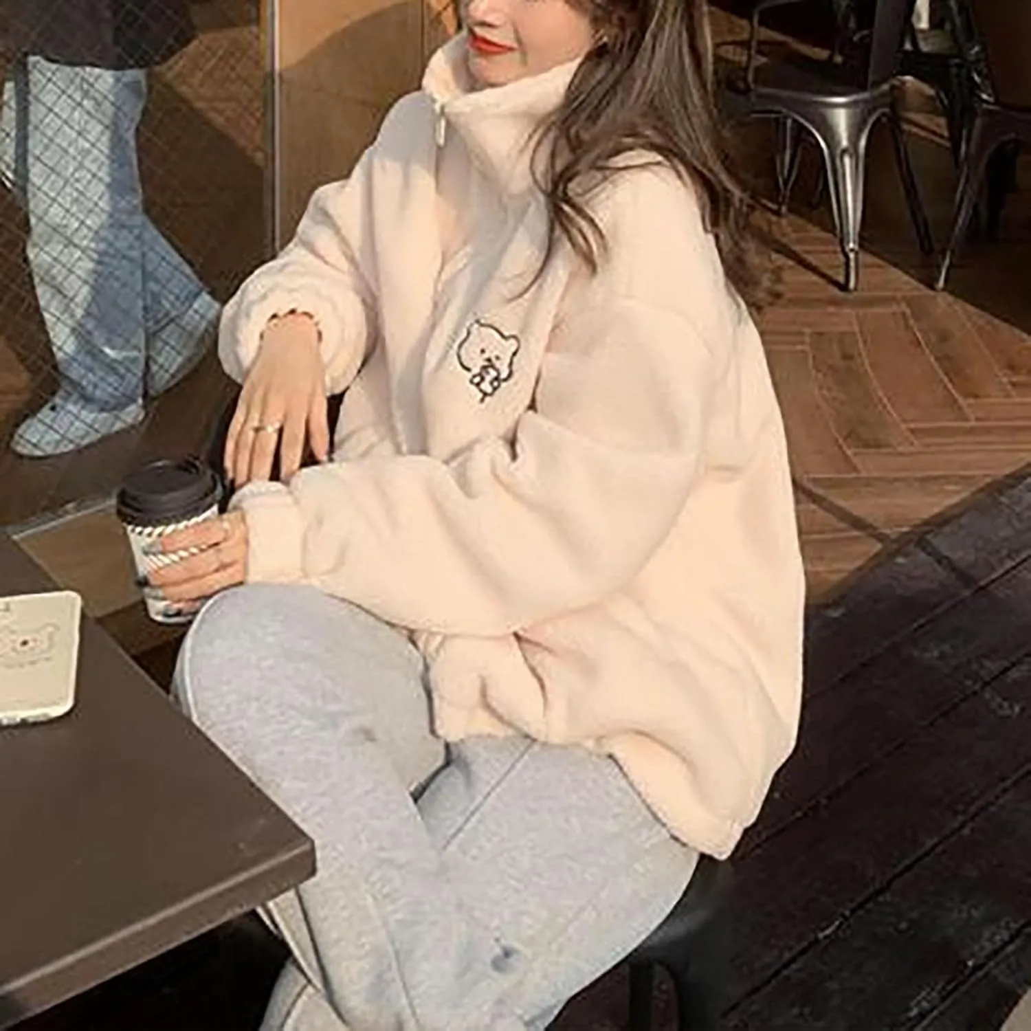 Women's Fleece Jacket Style Towel Embroidery Thickened Cotton Shirt Spliced Lamb Hooded Coat Zip Jacket, M-2XL