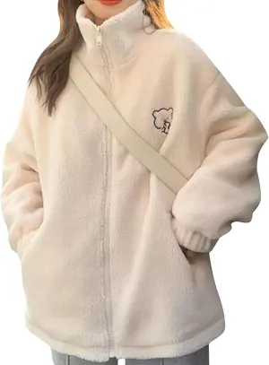 Women's Fleece Jacket Style Towel Embroidery Thickened Cotton Shirt Spliced Lamb Hooded Coat Zip Jacket, M-2XL