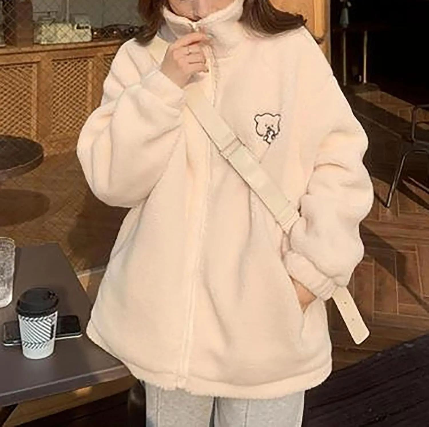 Women's Fleece Jacket Style Towel Embroidery Thickened Cotton Shirt Spliced Lamb Hooded Coat Zip Jacket, M-2XL