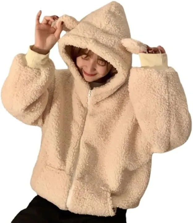 Women's Fleece Jacket Style Towel Embroidery Thickened Cotton Shirt Spliced Lamb Hooded Coat Zip Jacket, M-2XL