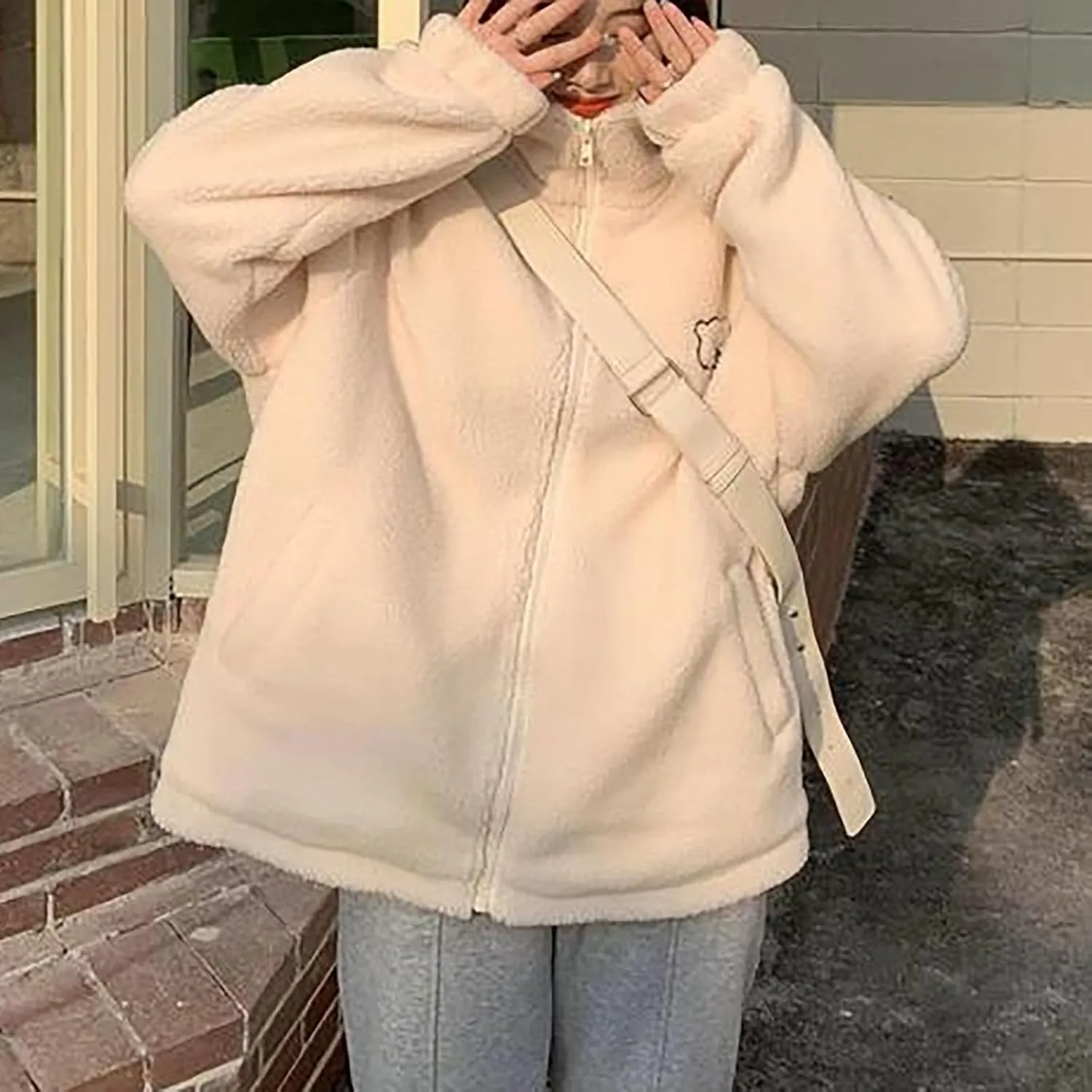 Women's Fleece Jacket Style Towel Embroidery Thickened Cotton Shirt Spliced Lamb Hooded Coat Zip Jacket, M-2XL