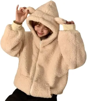 Women's Fleece Jacket Style Towel Embroidery Thickened Cotton Shirt Spliced Lamb Hooded Coat Zip Jacket, M-2XL