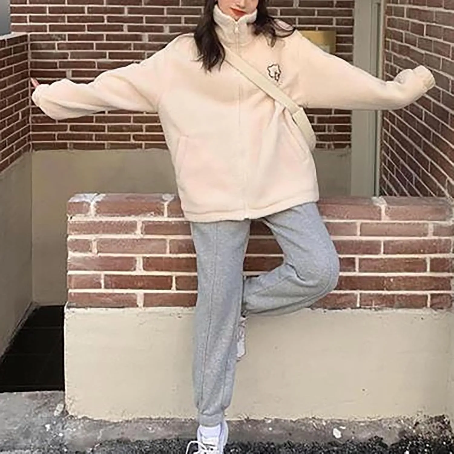 Women's Fleece Jacket Style Towel Embroidery Thickened Cotton Shirt Spliced Lamb Hooded Coat Zip Jacket, M-2XL