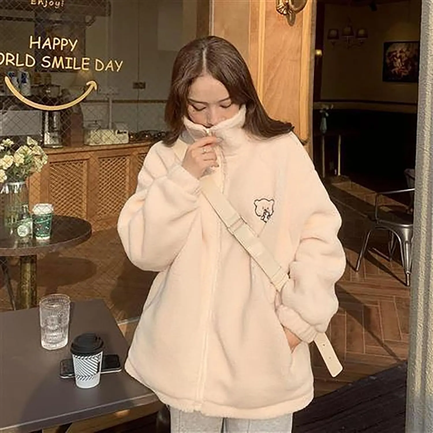 Women's Fleece Jacket Style Towel Embroidery Thickened Cotton Shirt Spliced Lamb Hooded Coat Zip Jacket, M-2XL