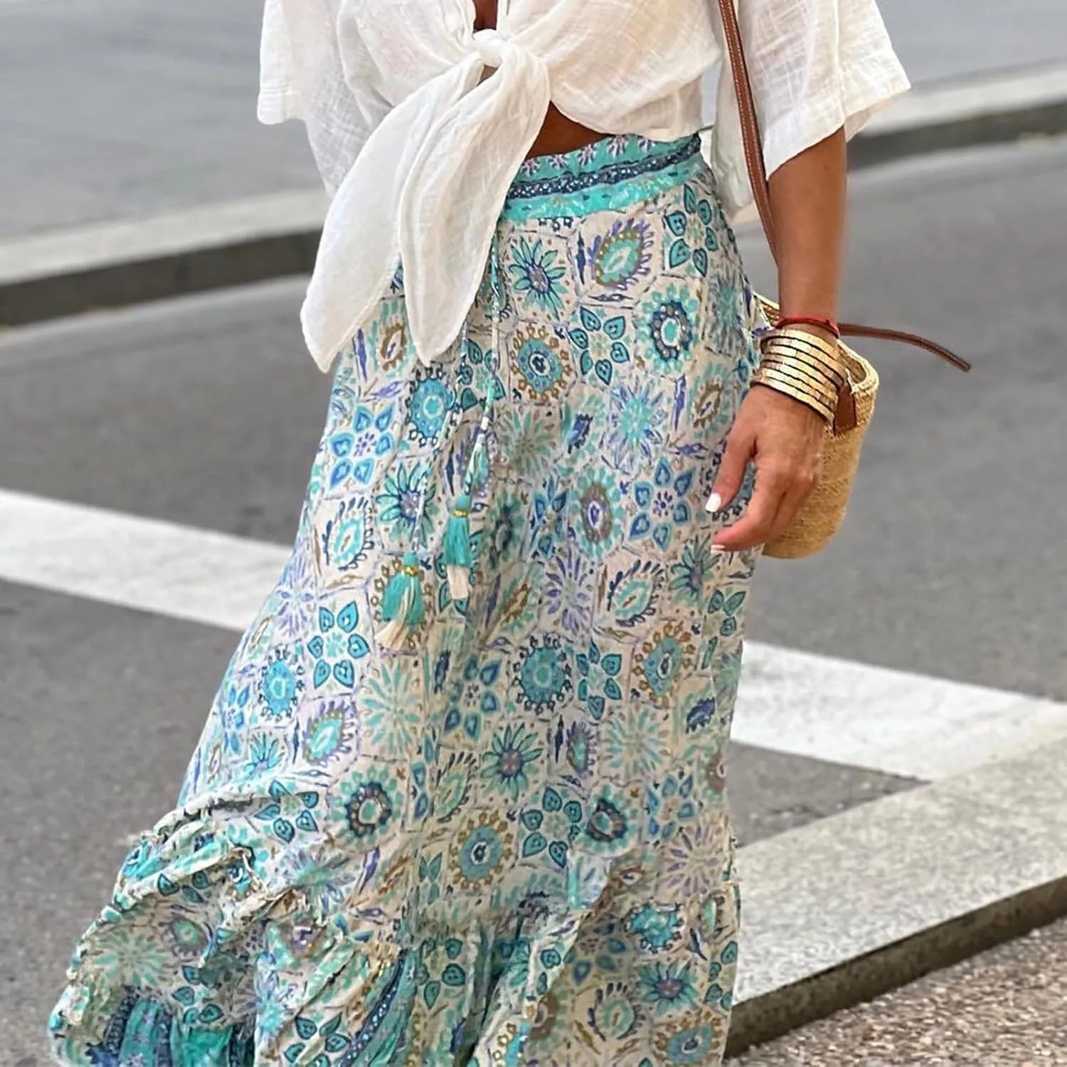 Womens Floral Print Boho Maxi Skirt Casual High Waist Flowy Skirts A Line Swing Long Skirts Summer Beach Vacation Skirt