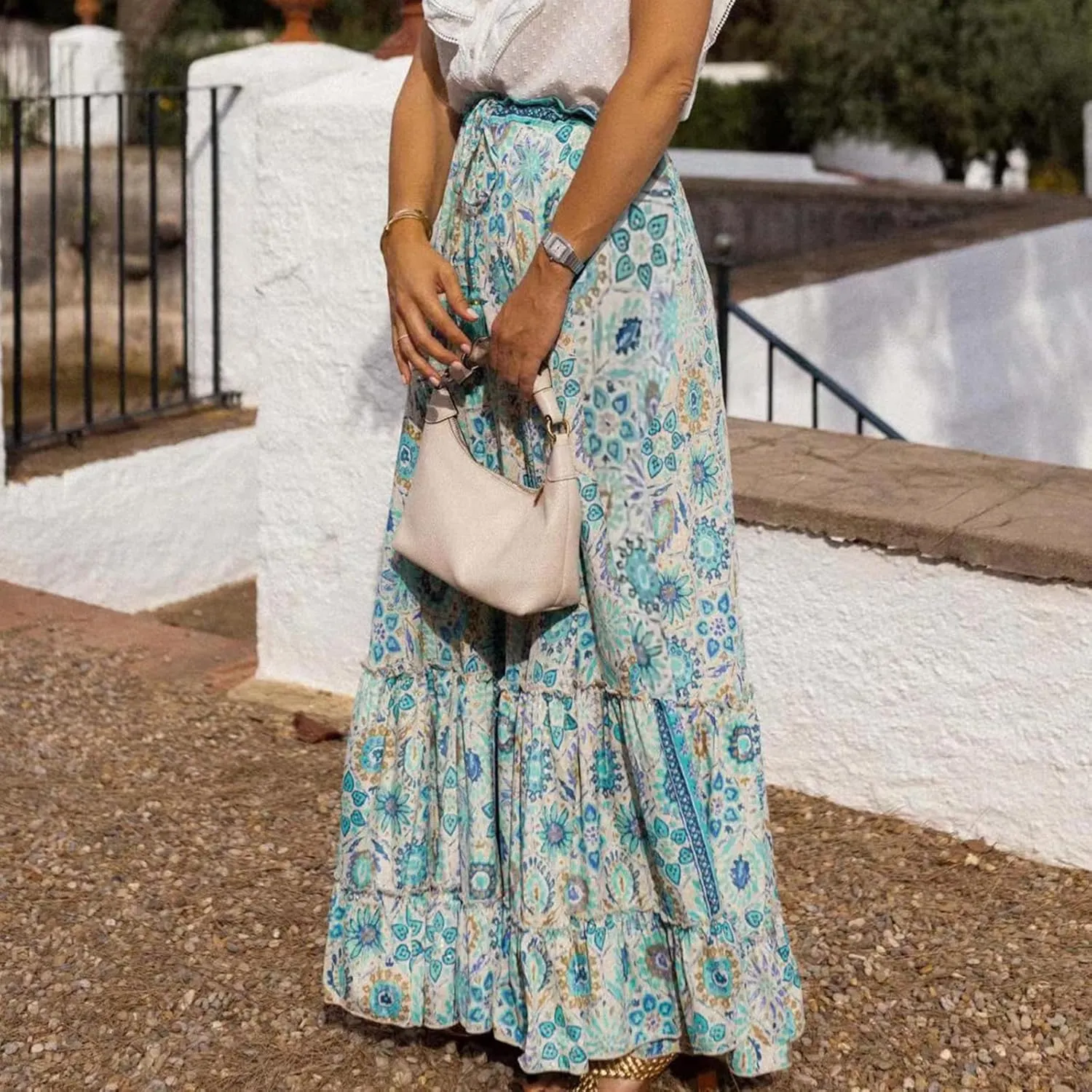 Womens Floral Print Boho Maxi Skirt Casual High Waist Flowy Skirts A Line Swing Long Skirts Summer Beach Vacation Skirt