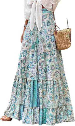 Womens Floral Print Boho Maxi Skirt Casual High Waist Flowy Skirts A Line Swing Long Skirts Summer Beach Vacation Skirt