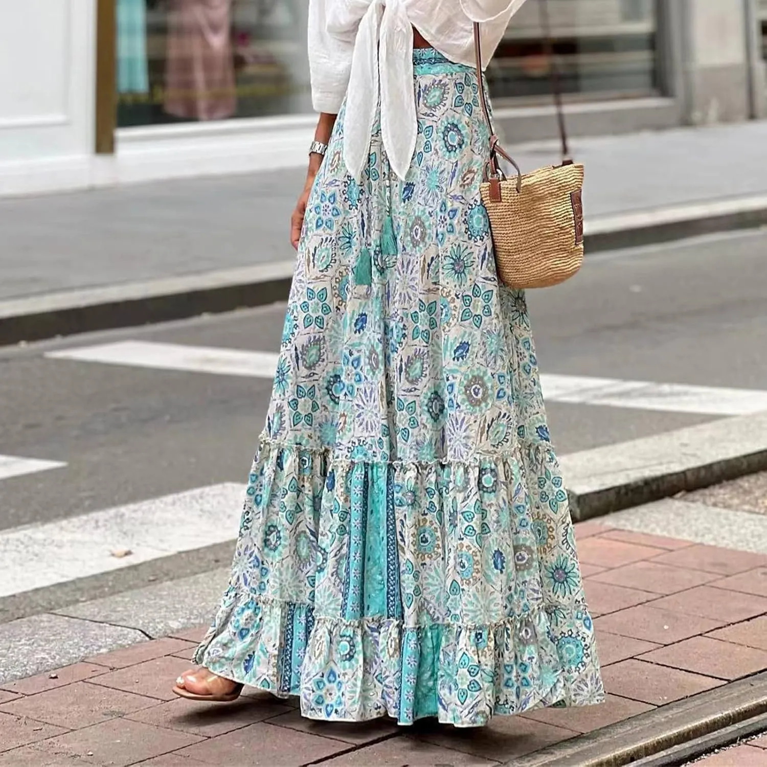 Womens Floral Print Boho Maxi Skirt Casual High Waist Flowy Skirts A Line Swing Long Skirts Summer Beach Vacation Skirt