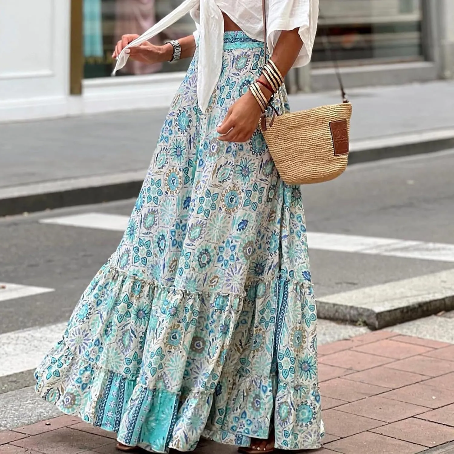 Womens Floral Print Boho Maxi Skirt Casual High Waist Flowy Skirts A Line Swing Long Skirts Summer Beach Vacation Skirt