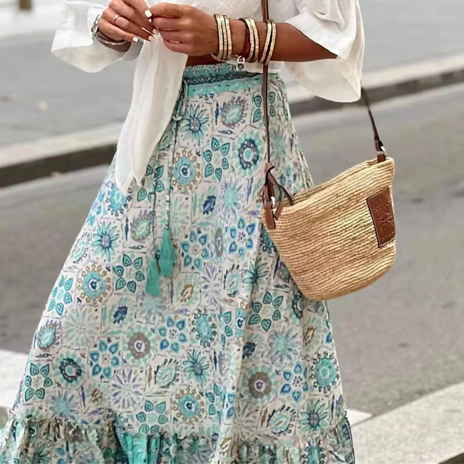 Womens Floral Print Boho Maxi Skirt Casual High Waist Flowy Skirts A Line Swing Long Skirts Summer Beach Vacation Skirt