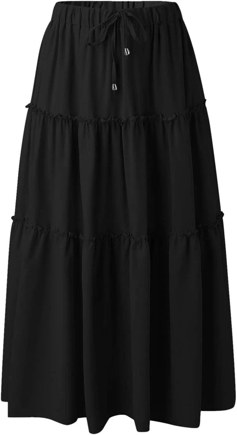 Women's Flowy Boho Maxi Skirt A Line High Waist Skirts Casual Pleated Tiered Long Skirts Summer Beach Vacation Skirt