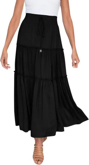 Women's Flowy Boho Maxi Skirt A Line High Waist Skirts Casual Pleated Tiered Long Skirts Summer Beach Vacation Skirt