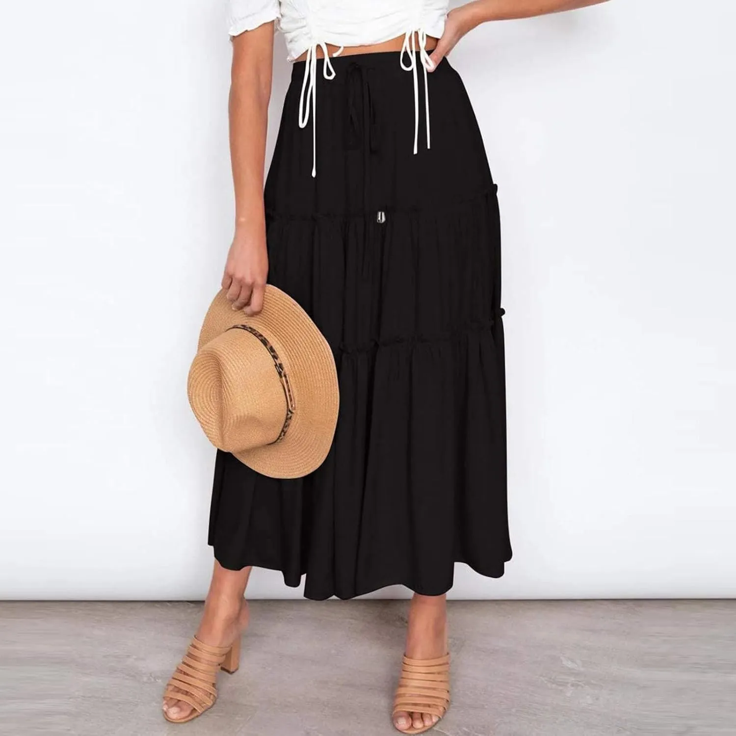 Women's Flowy Boho Maxi Skirt A Line High Waist Skirts Casual Pleated Tiered Long Skirts Summer Beach Vacation Skirt