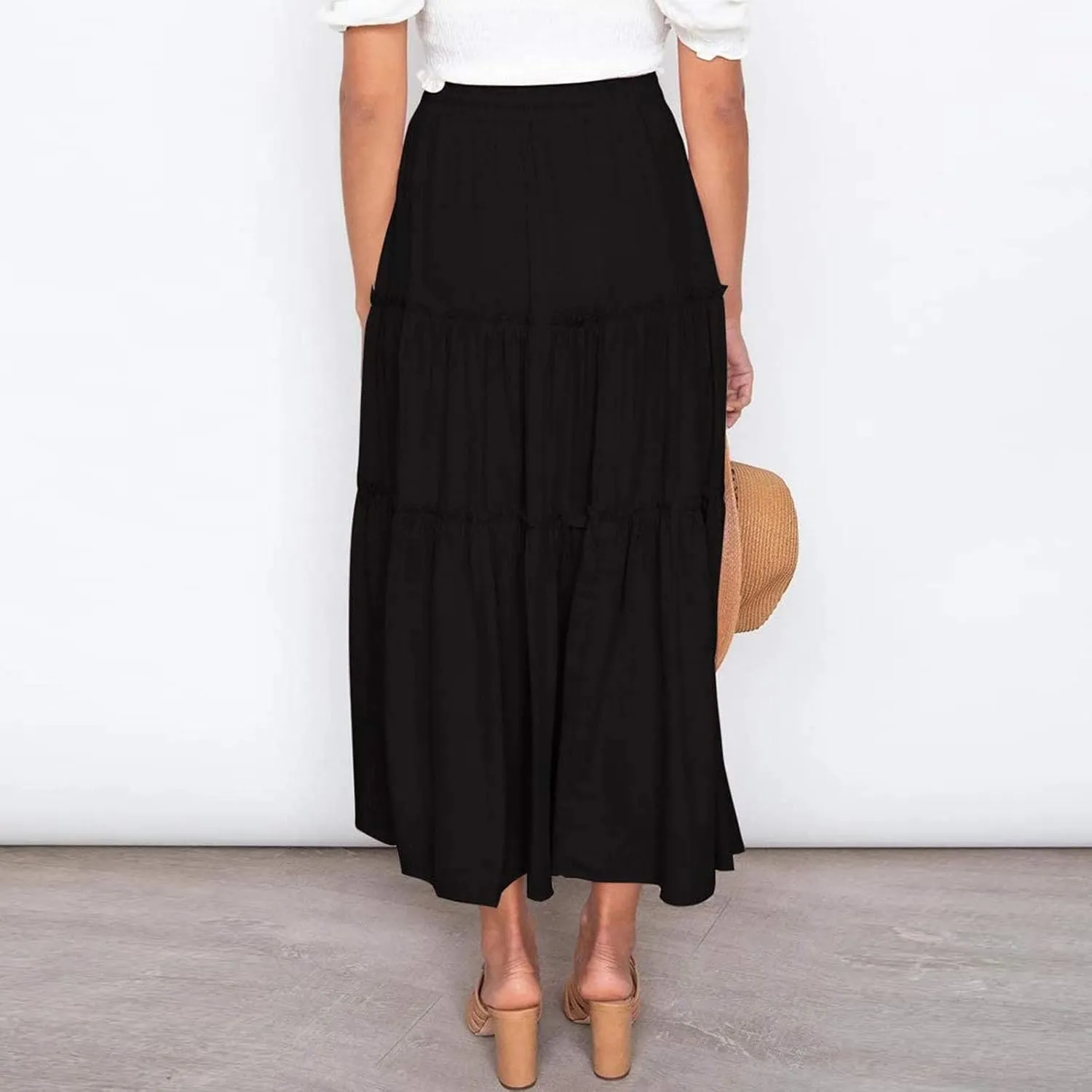 Women's Flowy Boho Maxi Skirt A Line High Waist Skirts Casual Pleated Tiered Long Skirts Summer Beach Vacation Skirt