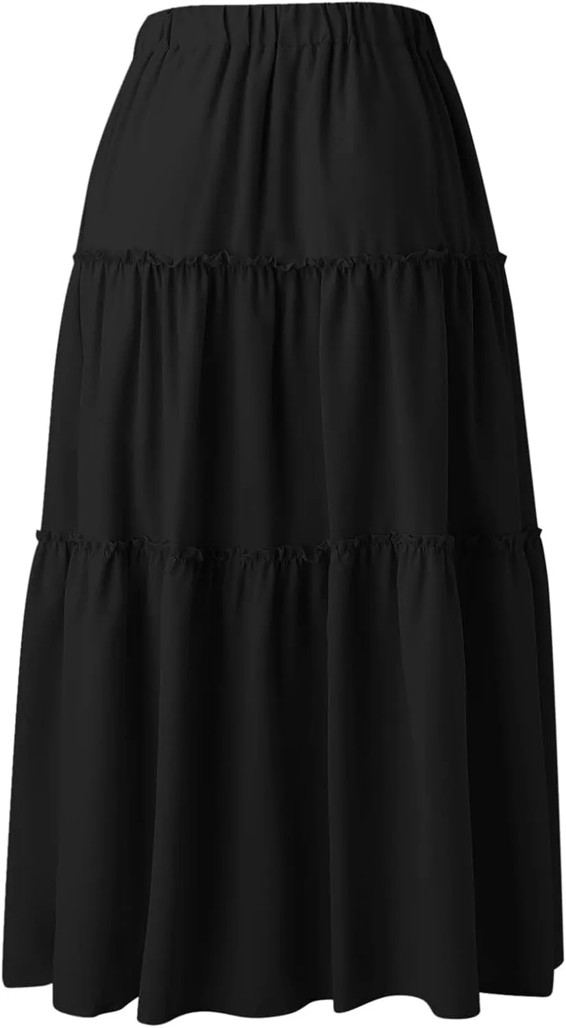 Women's Flowy Boho Maxi Skirt A Line High Waist Skirts Casual Pleated Tiered Long Skirts Summer Beach Vacation Skirt