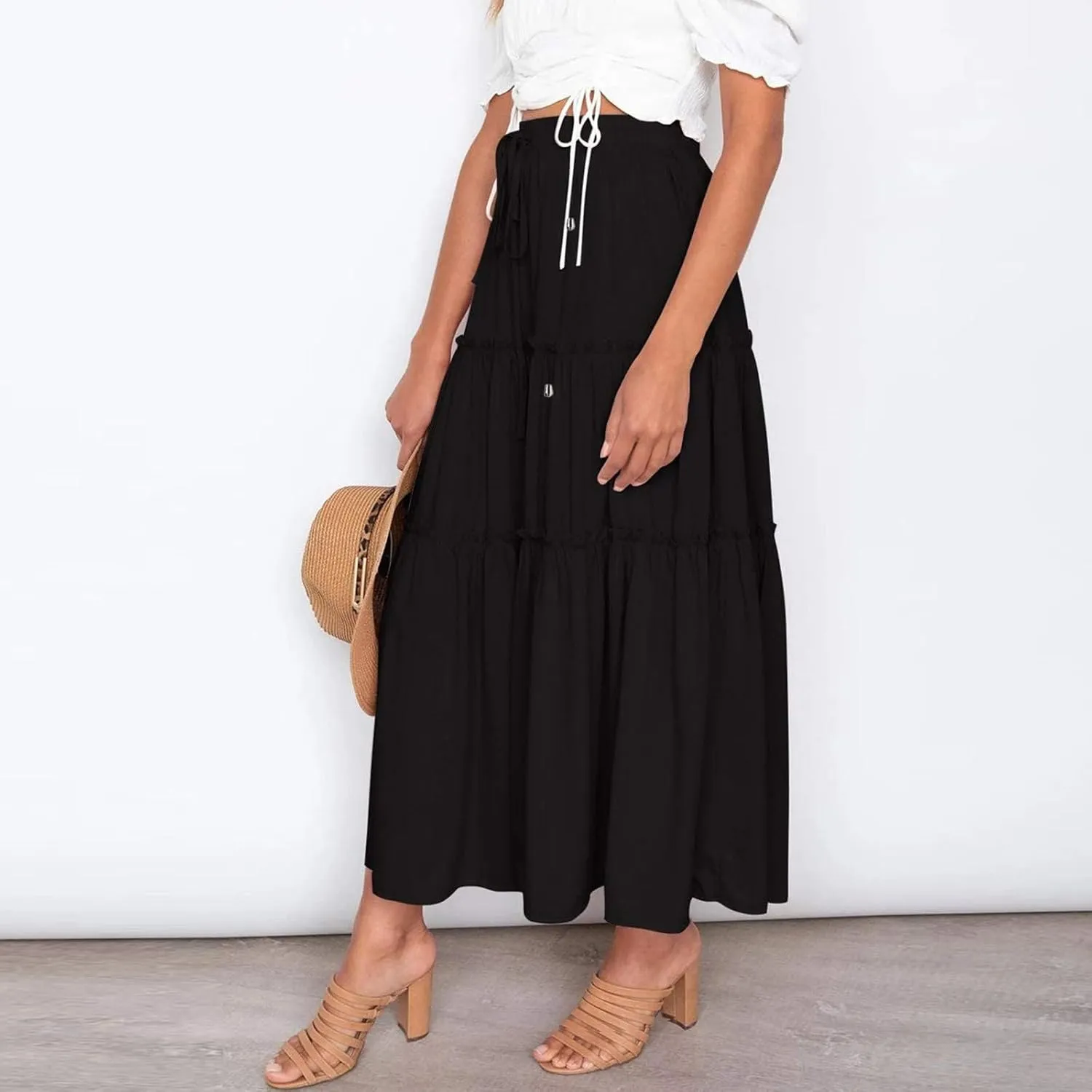 Women's Flowy Boho Maxi Skirt A Line High Waist Skirts Casual Pleated Tiered Long Skirts Summer Beach Vacation Skirt