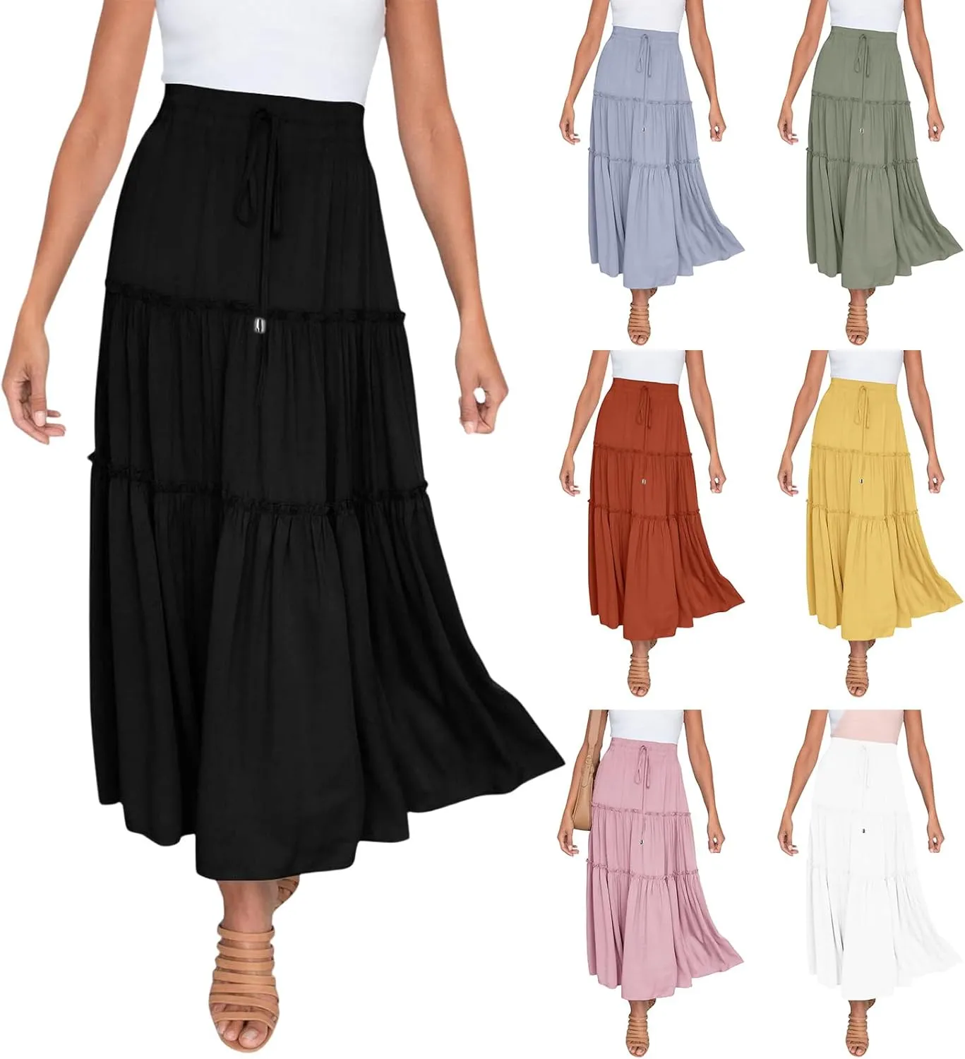 Women's Flowy Boho Maxi Skirt A Line High Waist Skirts Casual Pleated Tiered Long Skirts Summer Beach Vacation Skirt