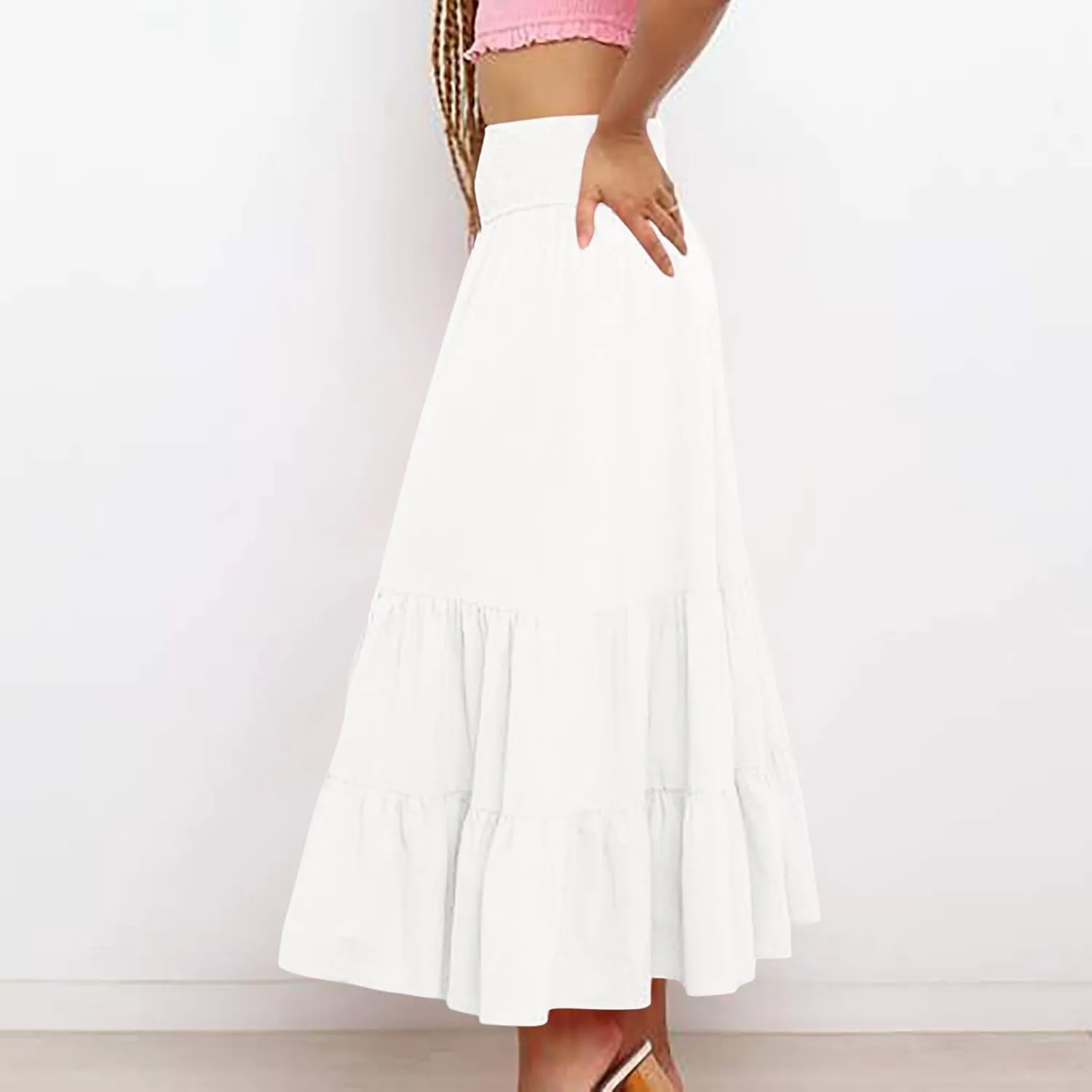 Women's Flowy Maxi Skirt Summer Trendy Boho Pleated Tiered Skirts Elastic High Waisted Casual Beach Swing Long Skirt