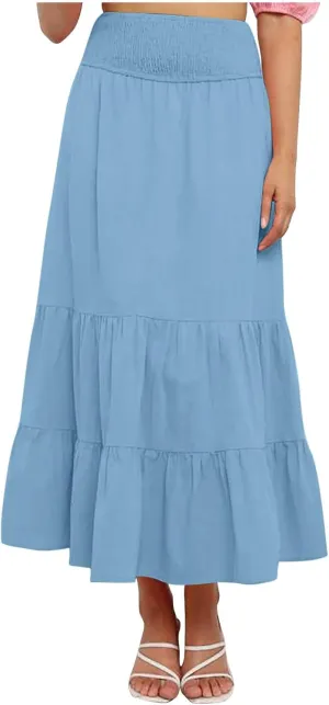 Women's Flowy Maxi Skirt Summer Trendy Boho Pleated Tiered Skirts Elastic High Waisted Casual Beach Swing Long Skirt