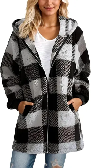Womens Full Zip Cardigan Sherpa Jacket Plus Size Plaid Fleece Winter Coat Oversized Fuzzy Hooded Outwear with Pockets