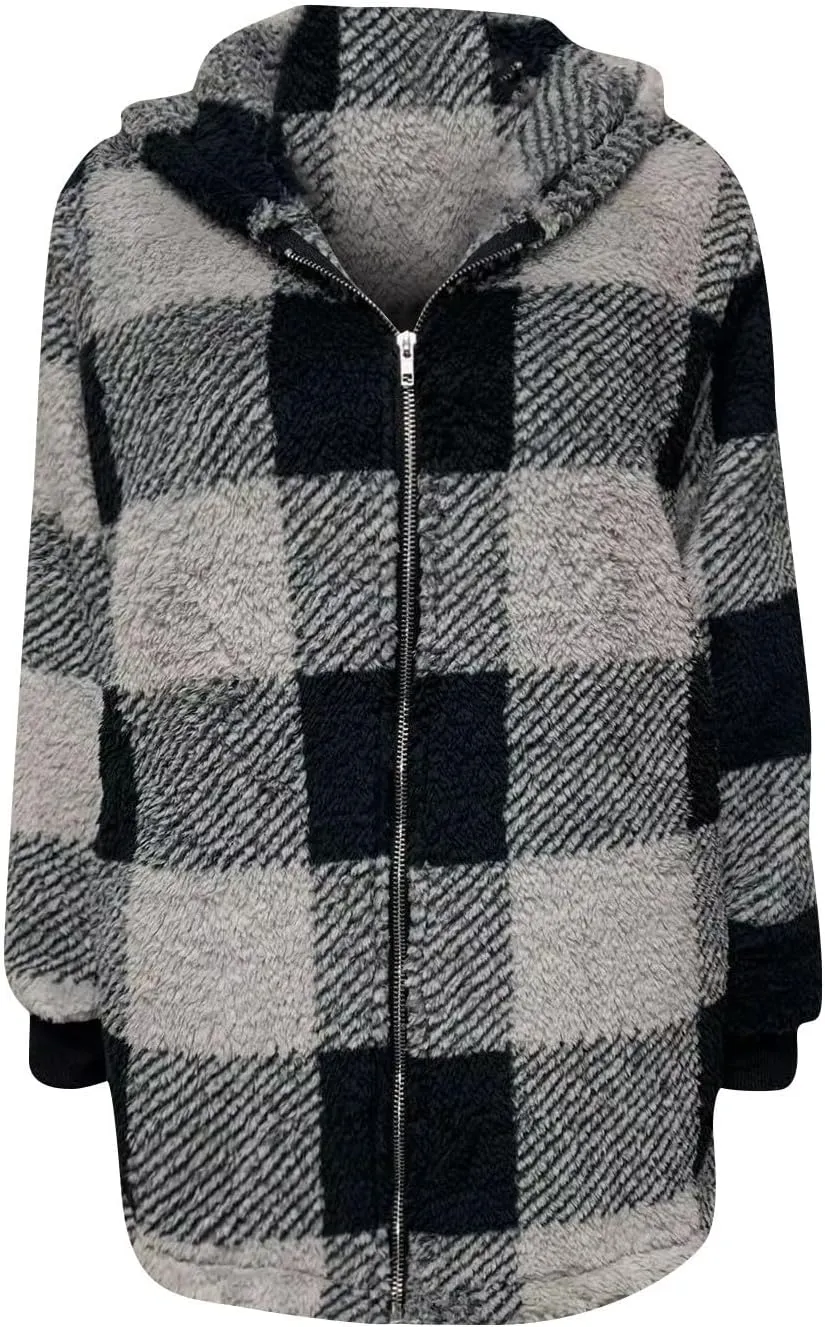 Womens Full Zip Cardigan Sherpa Jacket Plus Size Plaid Fleece Winter Coat Oversized Fuzzy Hooded Outwear with Pockets