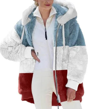 Women's Fuzzy Fleece Lined Sherpa Hoodie Oversized Fashion 2024 Color Block Cardigan Coat Shaggy Warm Winter Jackets