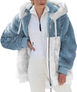 Women's Fuzzy Fleece Lined Sherpa Hoodie Oversized Fashion 2024 Color Block Cardigan Coat Shaggy Warm Winter Jackets
