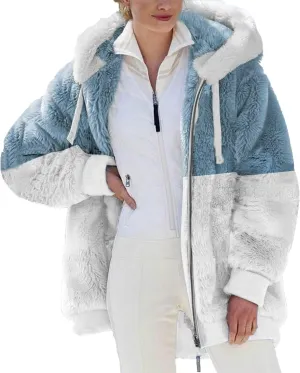 Women's Fuzzy Fleece Lined Sherpa Hoodie Oversized Fashion 2024 Color Block Cardigan Coat Shaggy Warm Winter Jackets