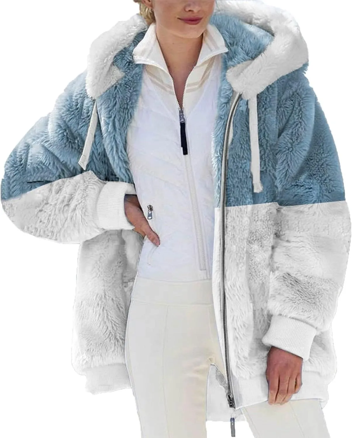 Women's Fuzzy Fleece Lined Sherpa Hoodie Oversized Fashion 2024 Color Block Cardigan Coat Shaggy Warm Winter Jackets