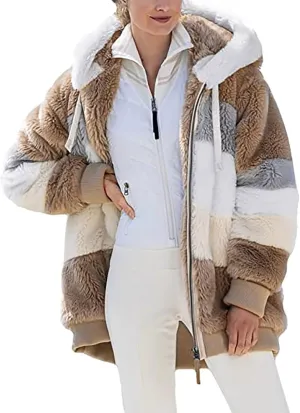 Women's Fuzzy Fleece Lined Sherpa Hoodie Oversized Fashion 2024 Color Block Cardigan Coat Shaggy Warm Winter Jackets