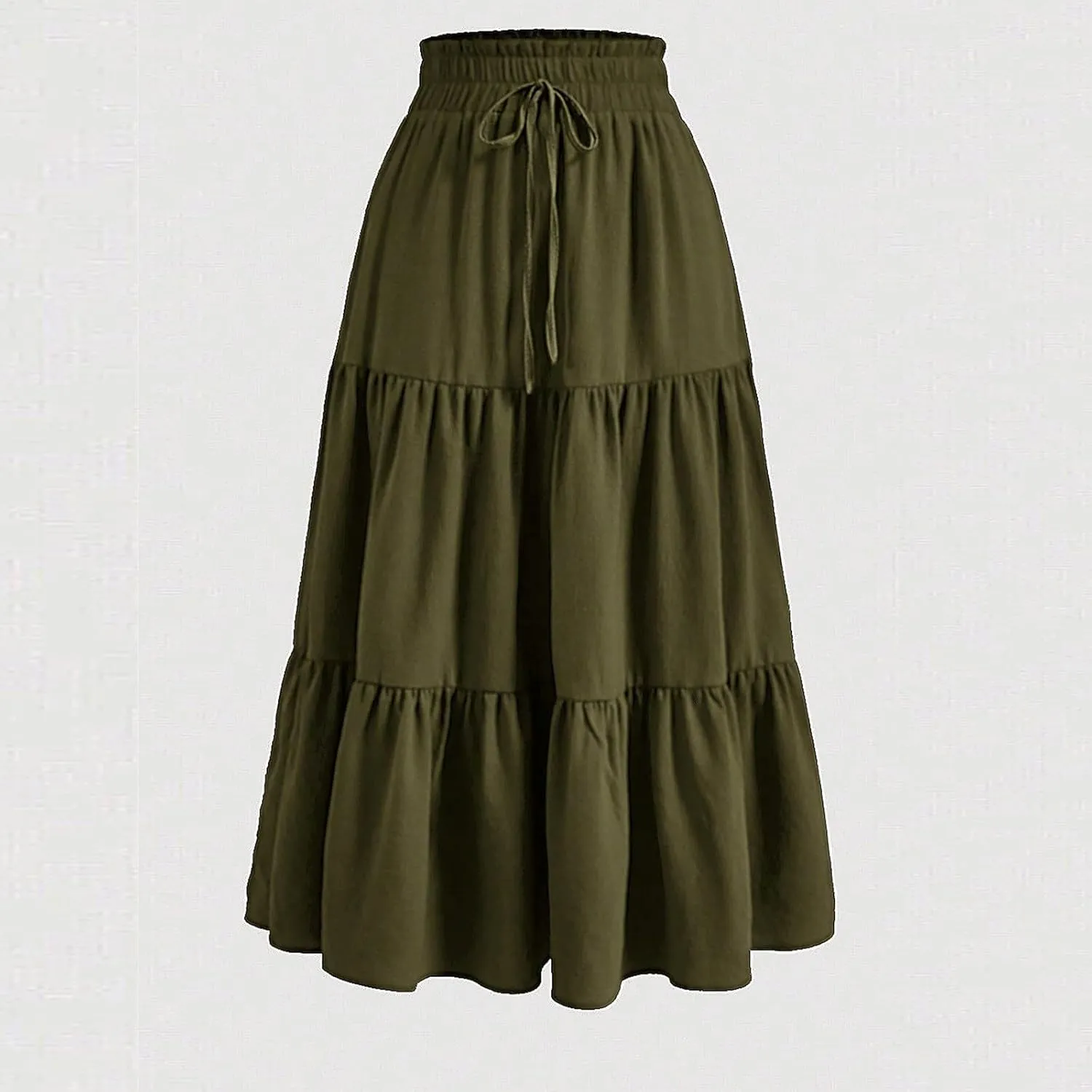 Womens High Elastic Waist Midi Skirt Summer Flowy Ruffle Pleated A line Skirts Lightweight Boho Tiered Skirt