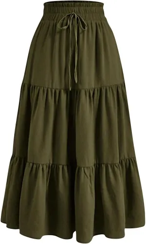 Womens High Elastic Waist Midi Skirt Summer Flowy Ruffle Pleated A line Skirts Lightweight Boho Tiered Skirt