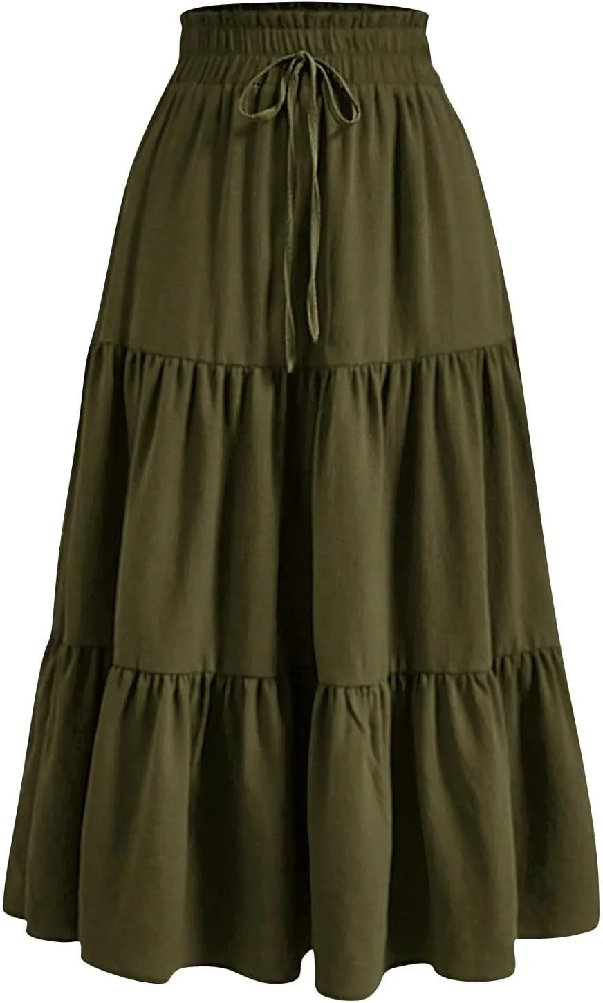 Womens High Elastic Waist Midi Skirt Summer Flowy Ruffle Pleated A line Skirts Lightweight Boho Tiered Skirt
