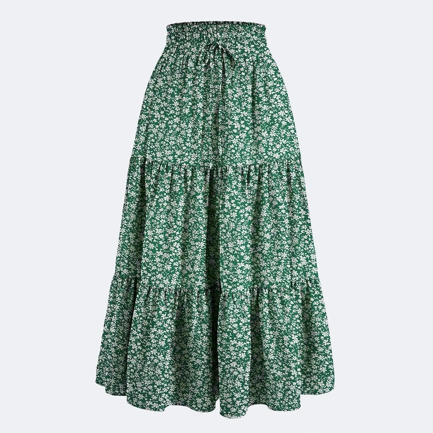 Womens High Elastic Waist Midi Skirt Summer Flowy Ruffle Pleated A line Skirts Lightweight Boho Tiered Skirt